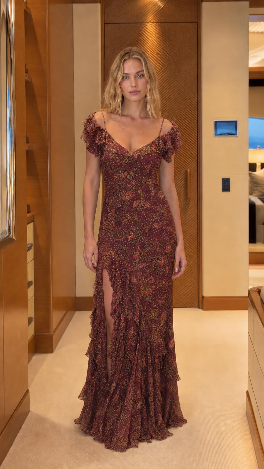 Model wearing burgundy floral ruffle maxi dress