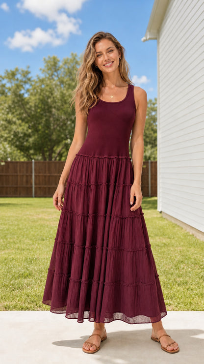 Full body view of woman wearing Burgundy wine scoop neck tiered maxi dress
