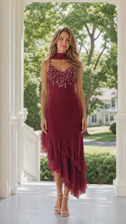 Front view of model wearing burgundy floral applique tiered ruffle evening dress