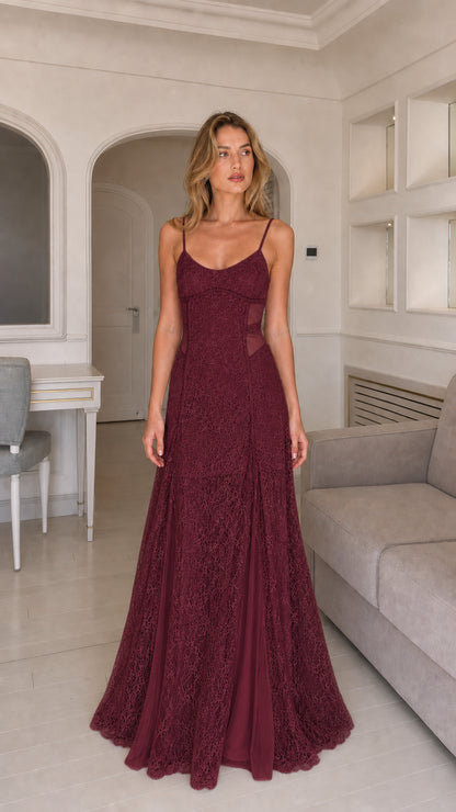 Full length view of burgundy lace paneled maxi dress