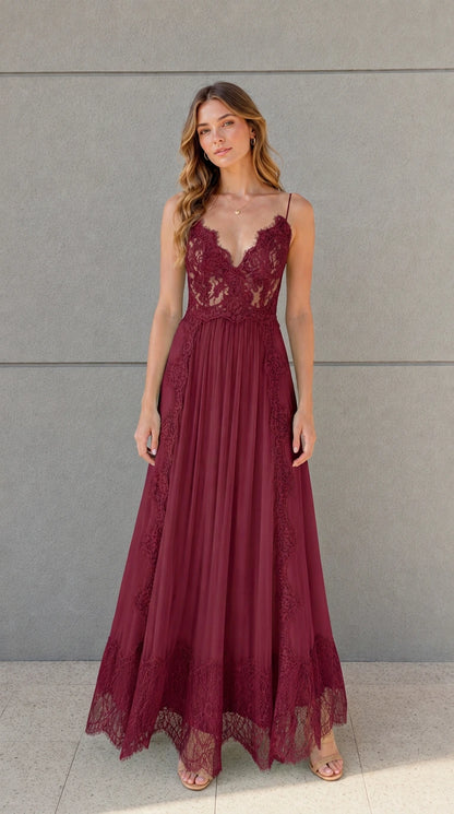 Full-length front view of burgundy wine lace bodice pleated tulle maxi dress