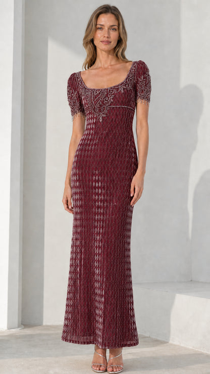 Front view of model in burgundy color variant