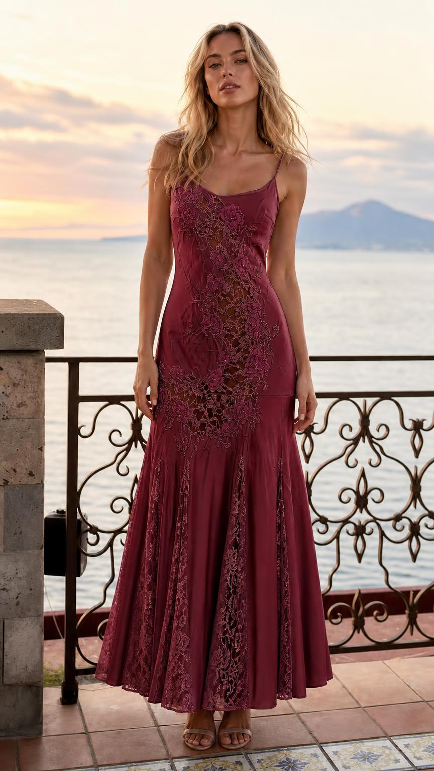 Front view of woman wearing burgundy lace slip maxi dress