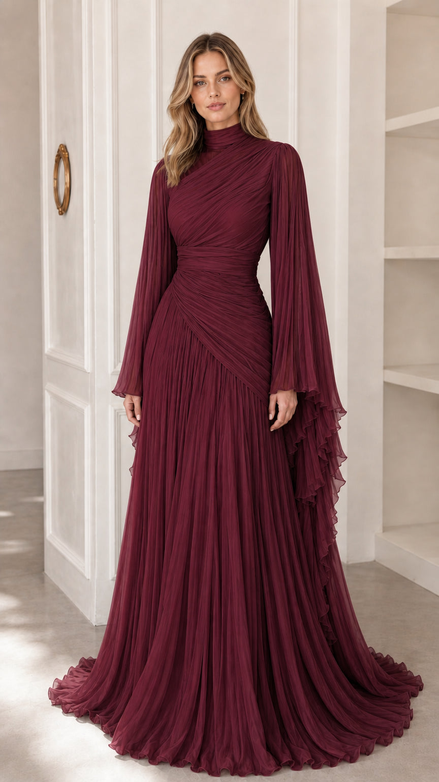 Model wearing burgundy wine red pleated high neck formal maxi dress