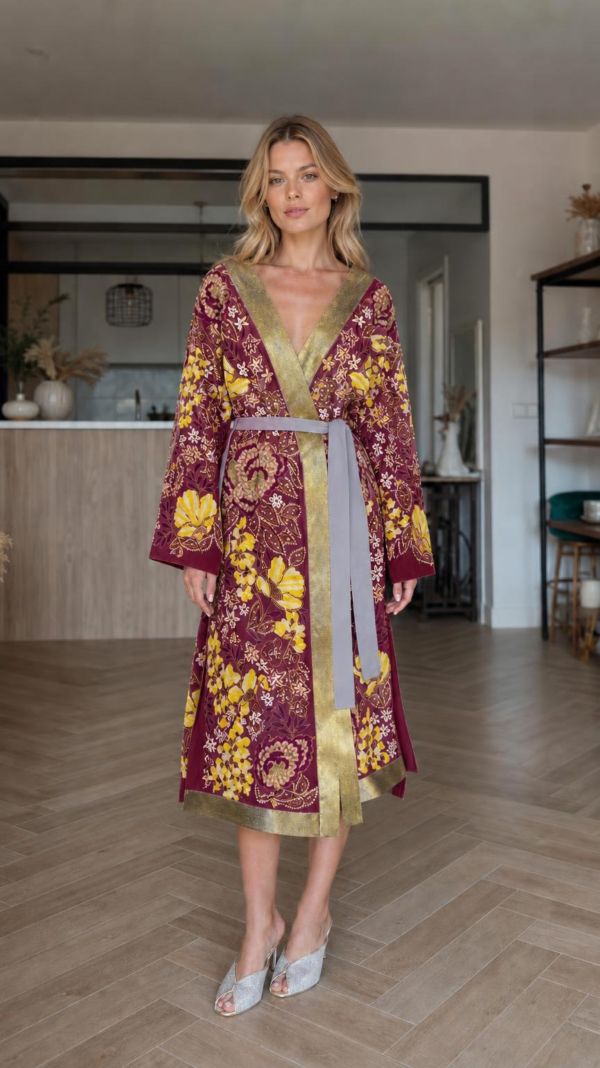 Front view of burgundy floral embroidered kimono robe