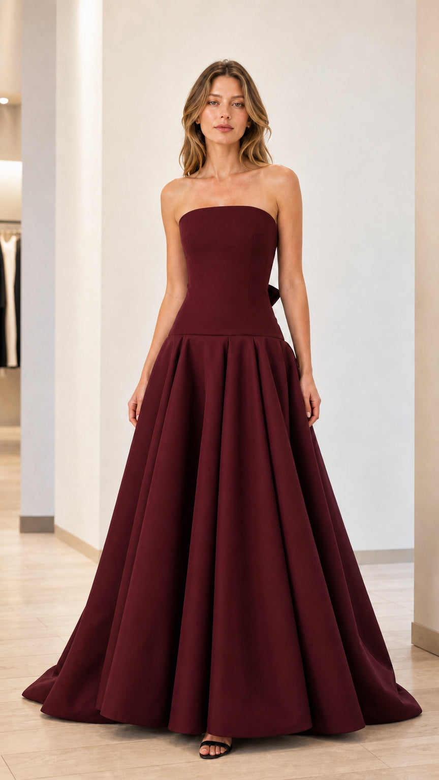 Burgundy color variant of strapless evening gown