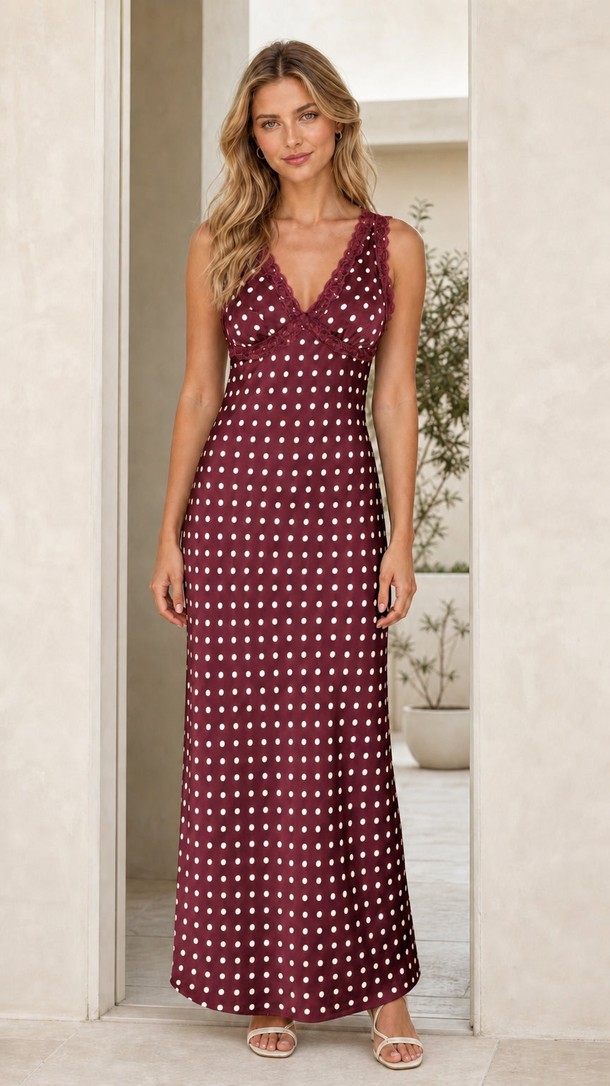 Woman wearing burgundy polka dot maxi dress