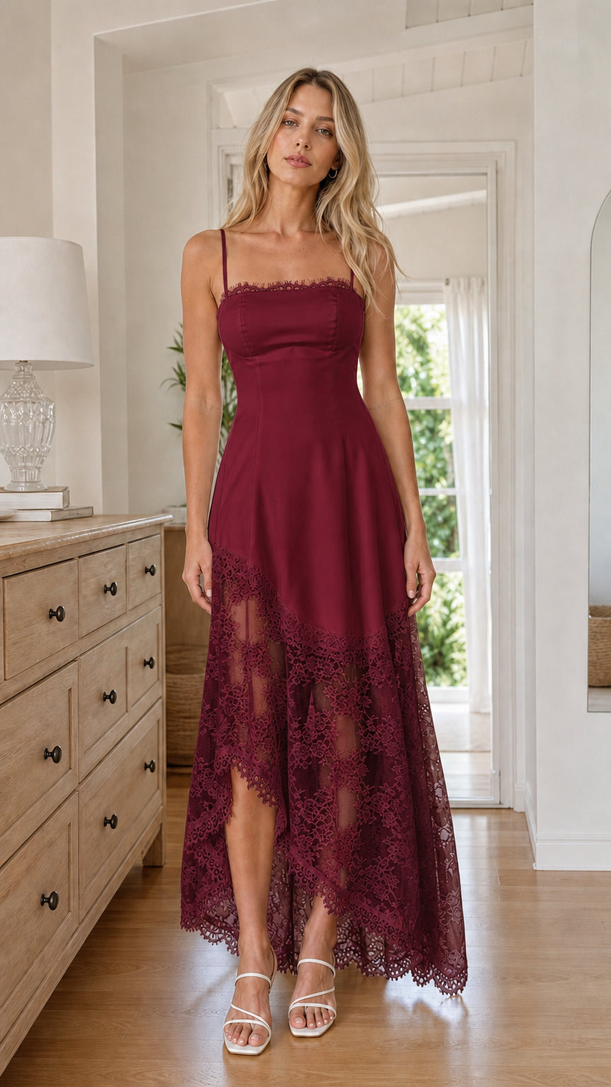 Model wearing Burgundy satin and lace maxi dress