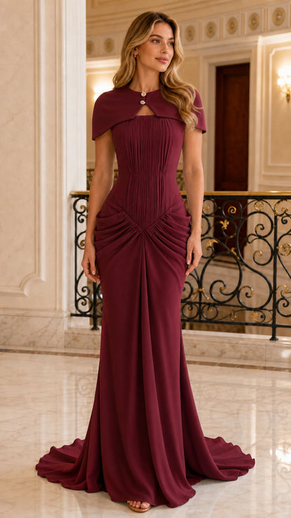 Front view of burgundy red pleated cape evening dress