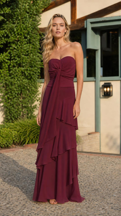 Burgundy strapless knot-front tiered maxi dress
