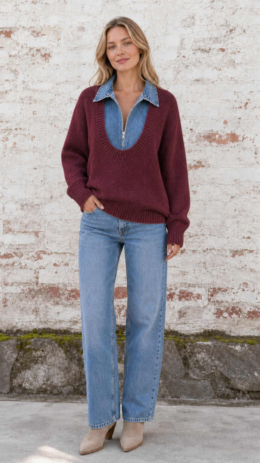 Model wearing burgundy red 2-in-1 knit sweater with denim collared insert