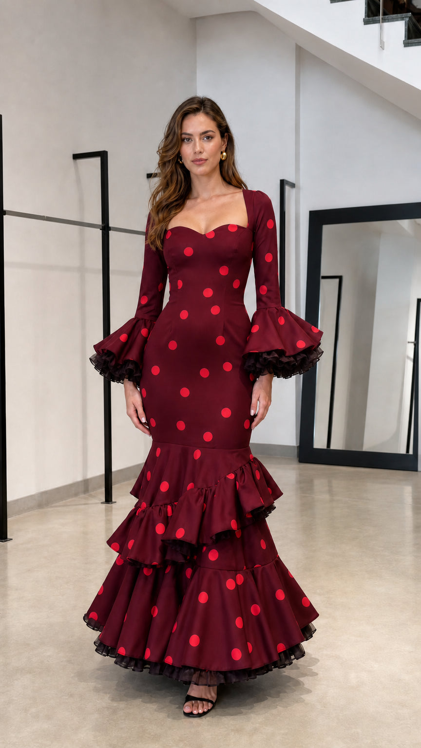 Burgundy and red polka dot mermaid maxi dress