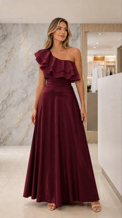 Full-length front view of burgundy formal gown