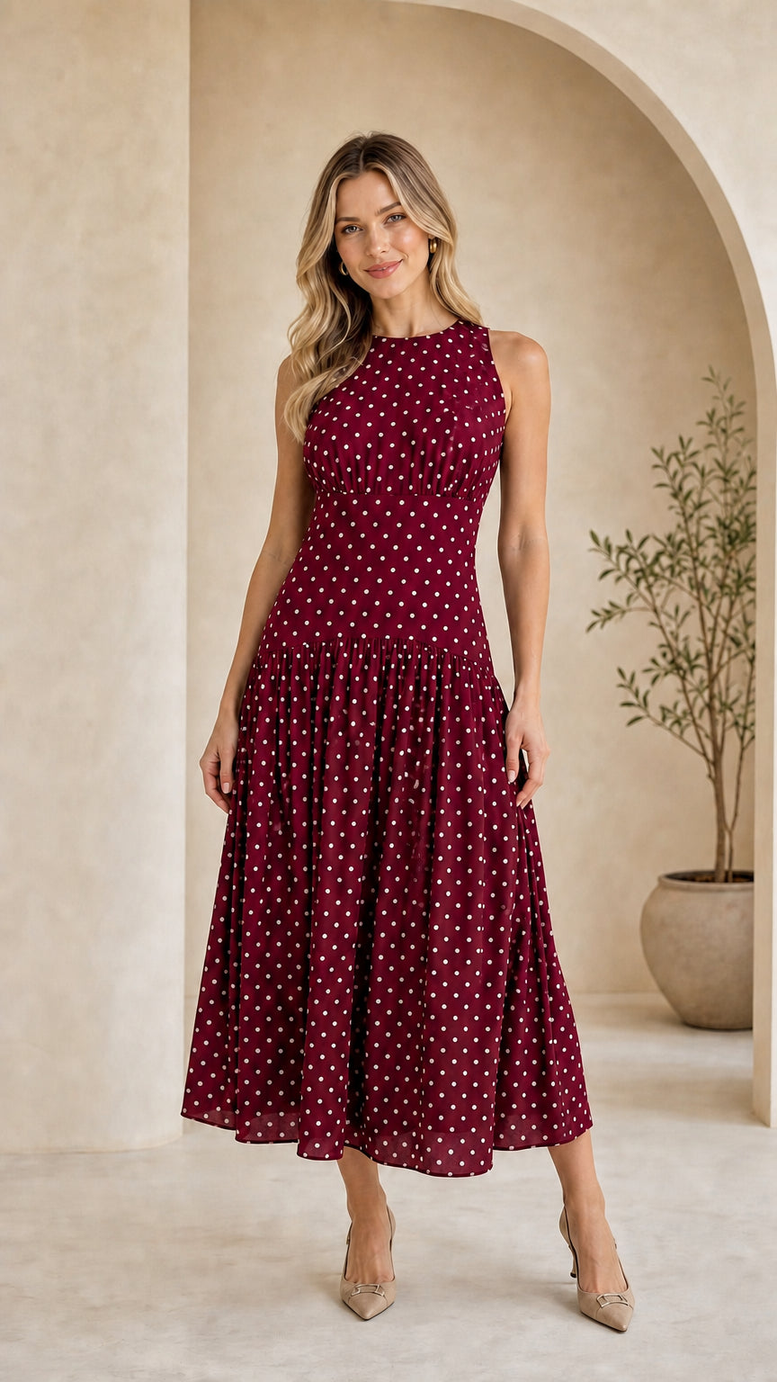 Model wearing burgundy polka dot midi dress