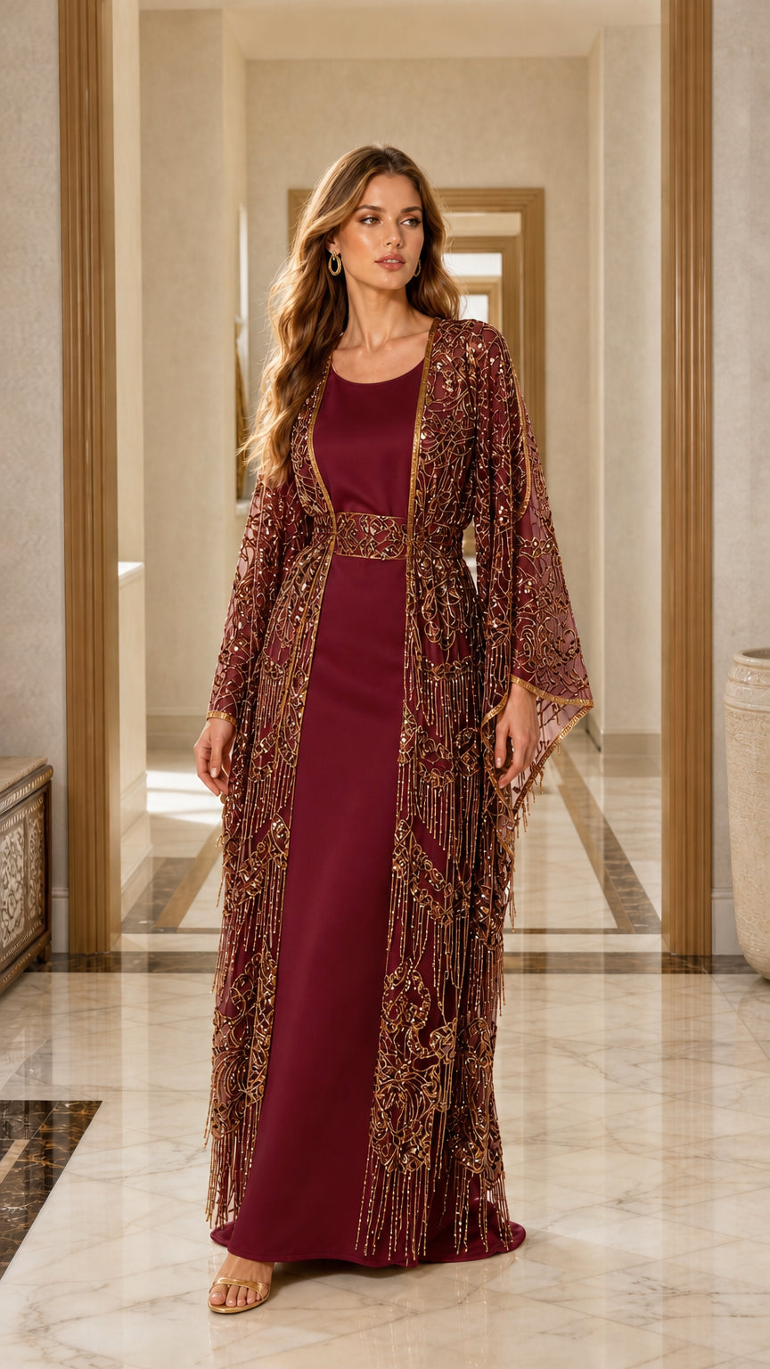 Full length view of burgundy sequin cape maxi dress set