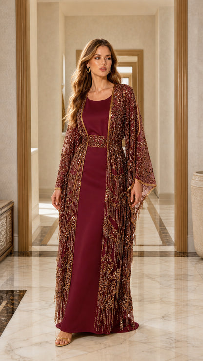 Full length view of burgundy sequin cape maxi dress set