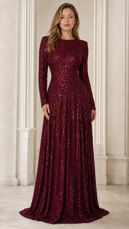 Front view of model wearing Burgundy long-sleeve sequin formal evening gown