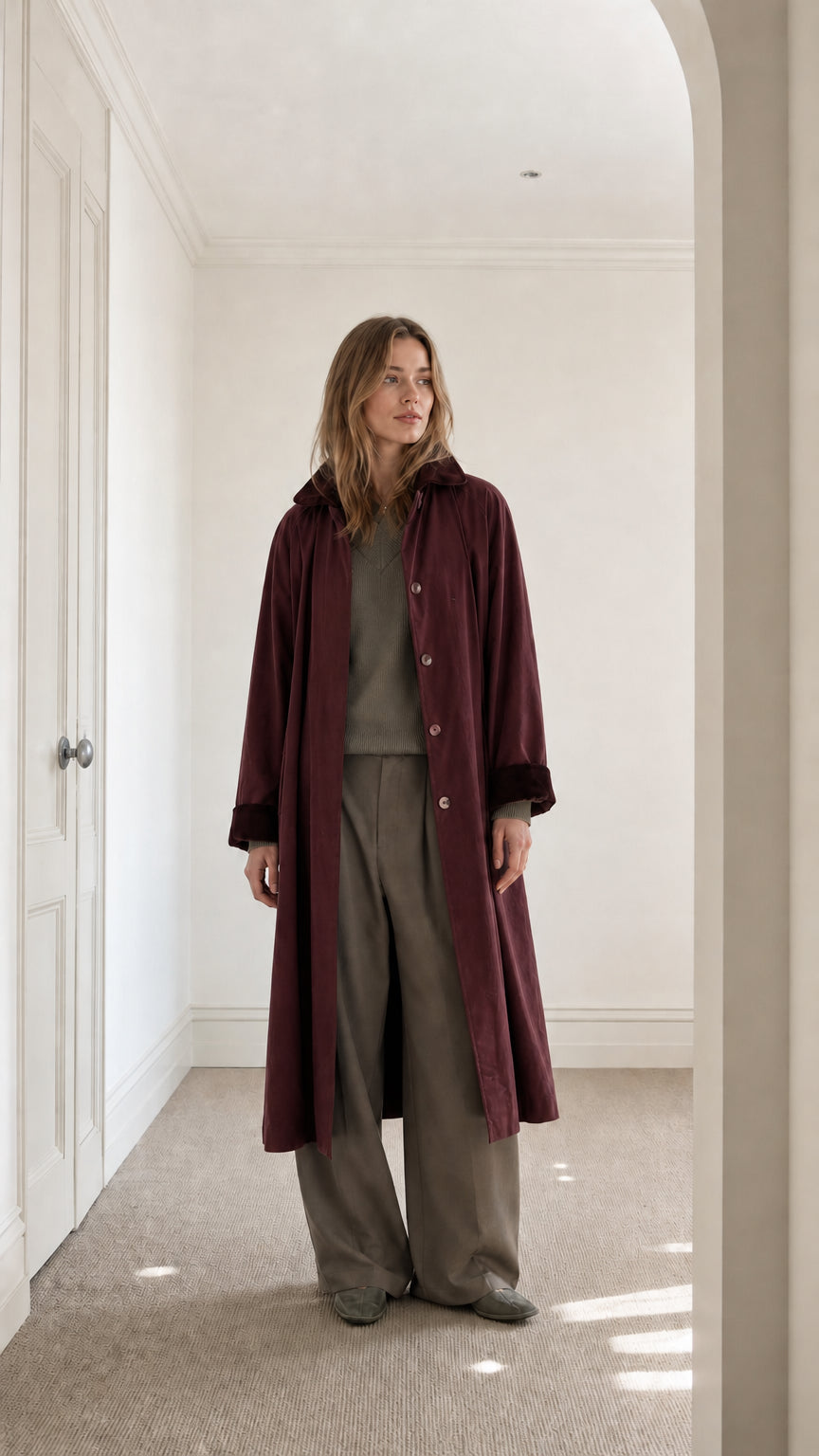 Full front view of model wearing Burgundy wine long duster coat with contrast collar