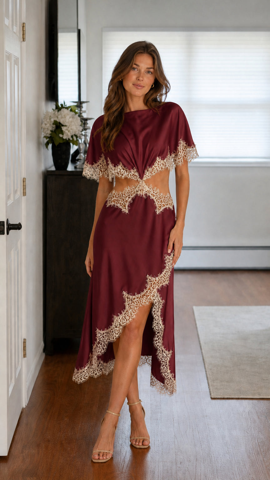 Front view of burgundy satin lace-trim cutout midi dress