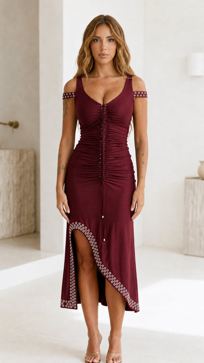 Burgundy color variant of ruched grommet midi dress
