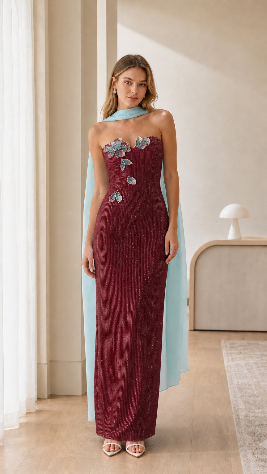 Burgundy wine red strapless sequin column gown with floral applique and cape detail