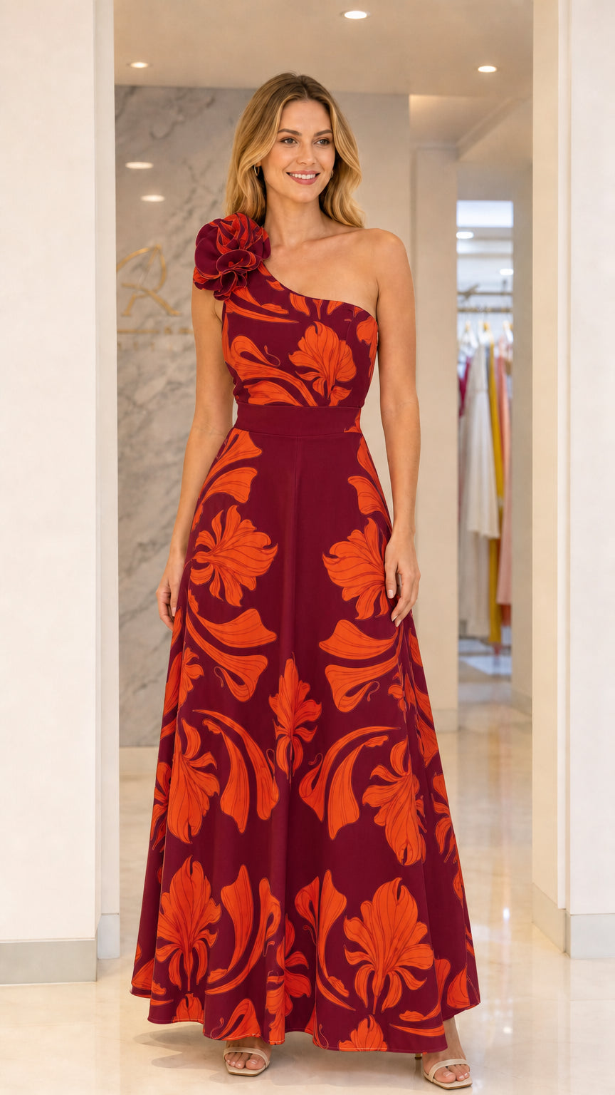 Model wearing burgundy and orange floral one-shoulder maxi dress