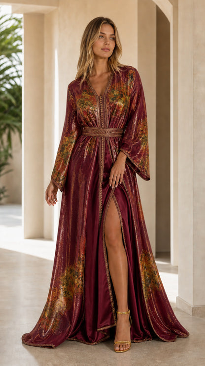 Burgundy wine red metallic floral embroidered kaftan maxi dress with front slit