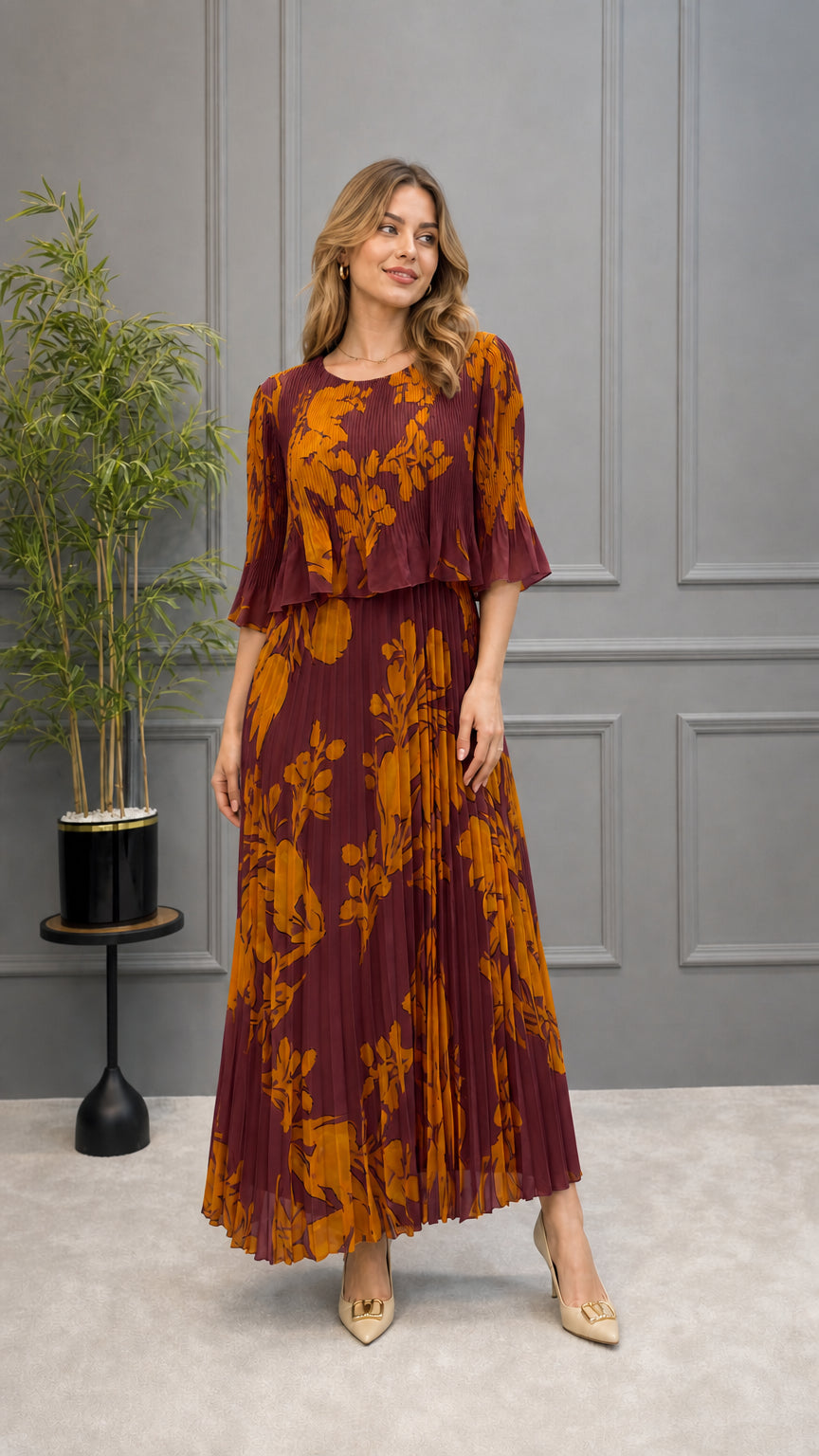 Model wearing burgundy wine red floral pleated maxi dress