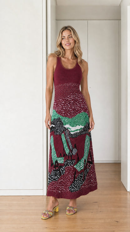 Front view of burgundy landscape knit maxi dress
