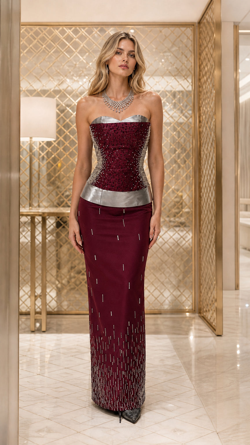 Burgundy color variant of beaded corset evening gown