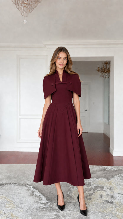 Burgundy color variant of cape midi dress