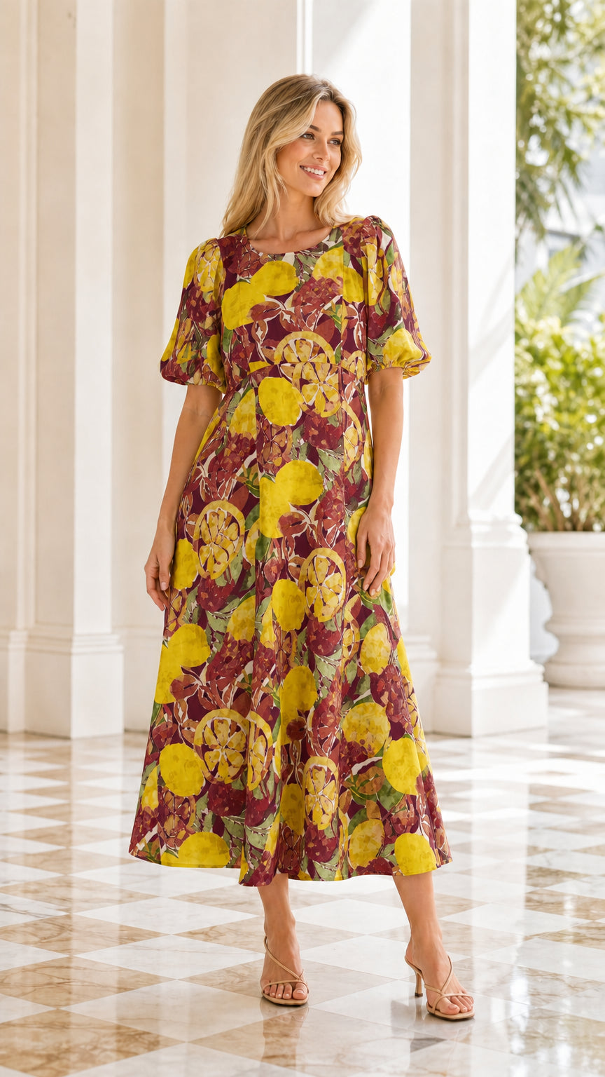 Model wearing burgundy citrus floral print midi dress