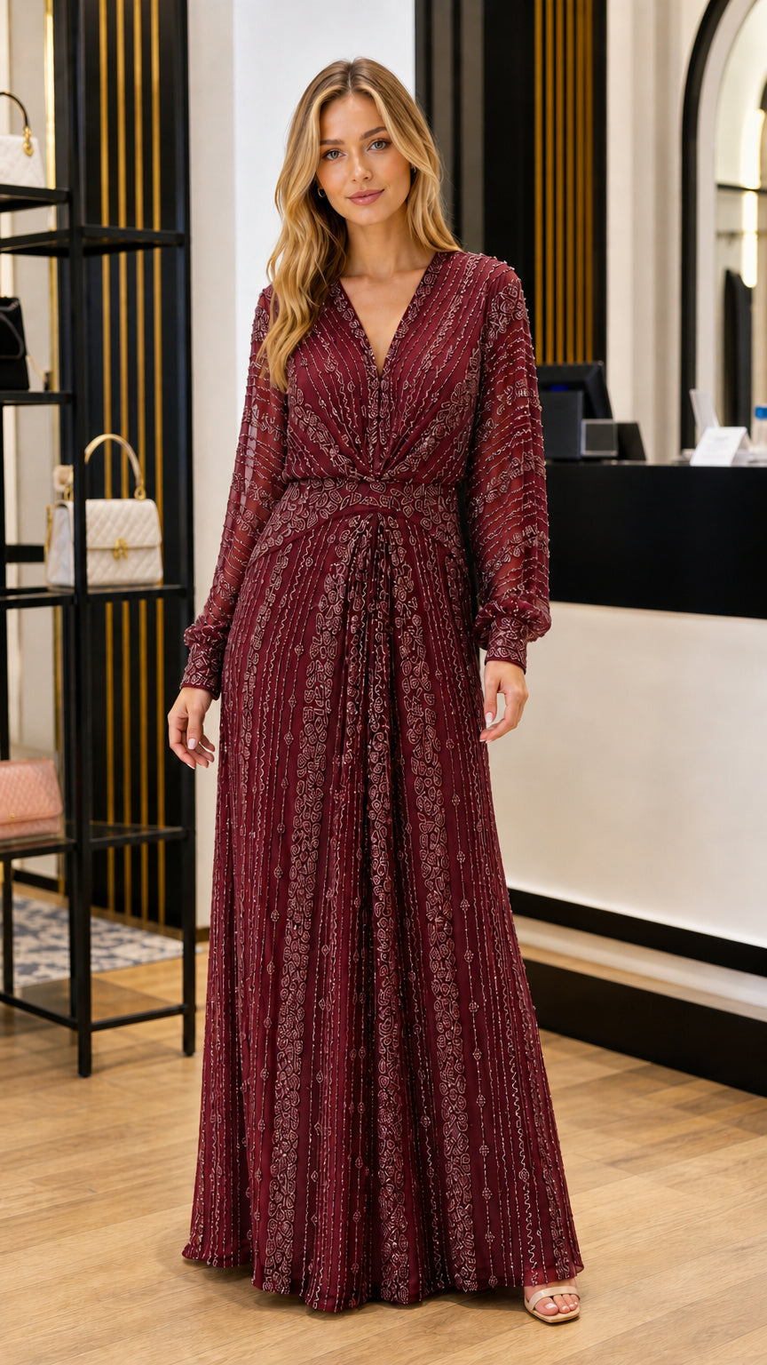 Full front view of burgundy wine red embellished evening maxi dress