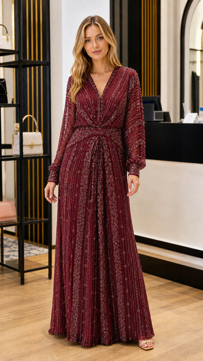 Full front view of burgundy wine red embellished evening maxi dress