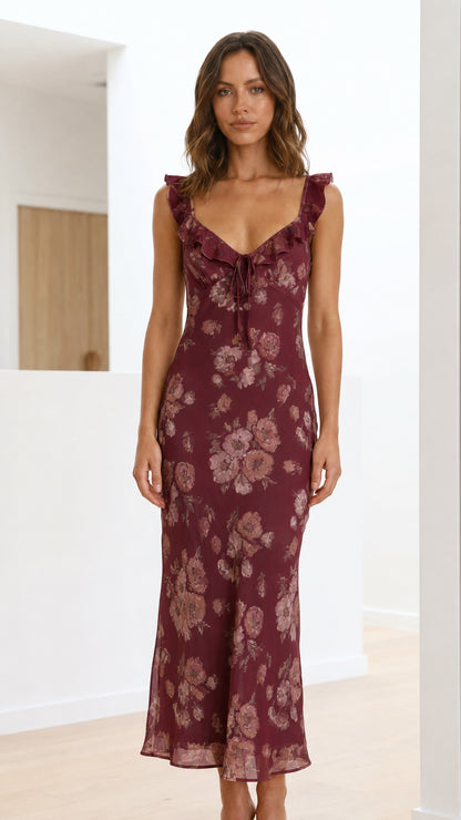 Front view of burgundy floral maxi dress