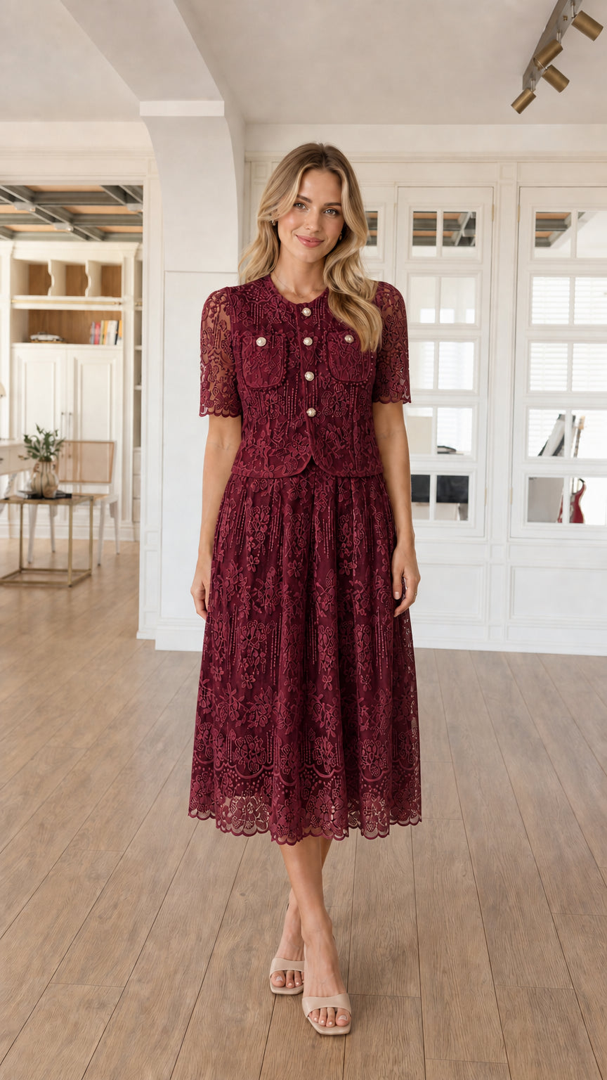 Full-length front view of burgundy lace midi dress and jacket set