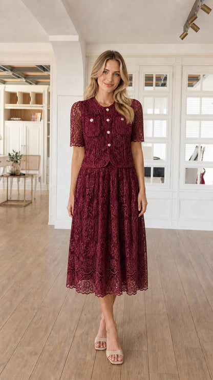 Full-length front view of burgundy lace midi dress and jacket set