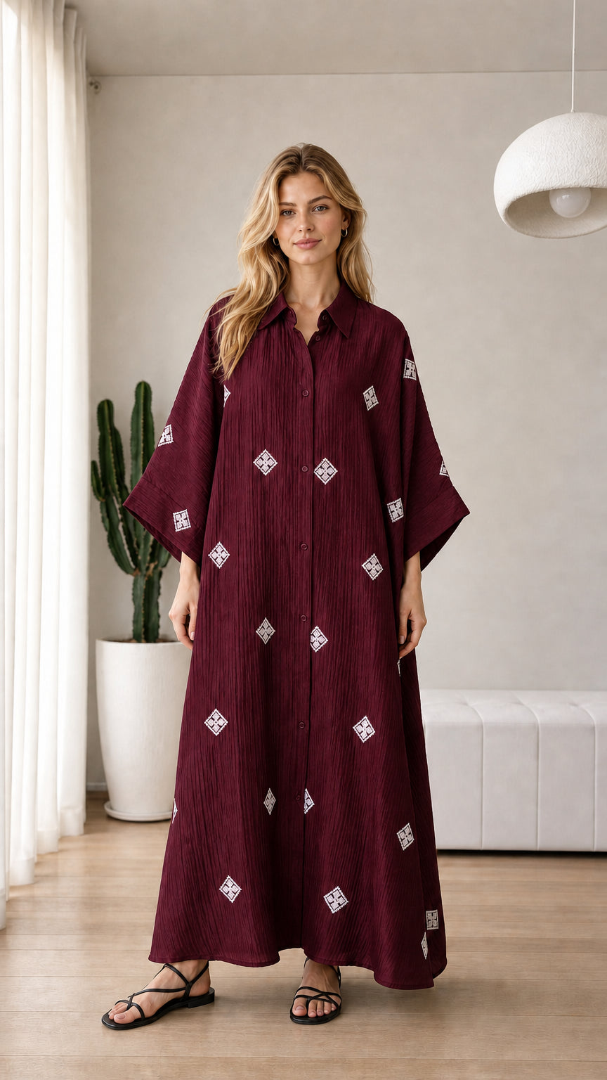 Burgundy wine red embroidered button-front maxi shirt dress on model