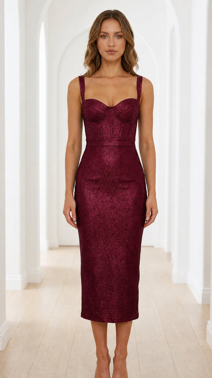 Front view of woman wearing burgundy shimmer midi dress