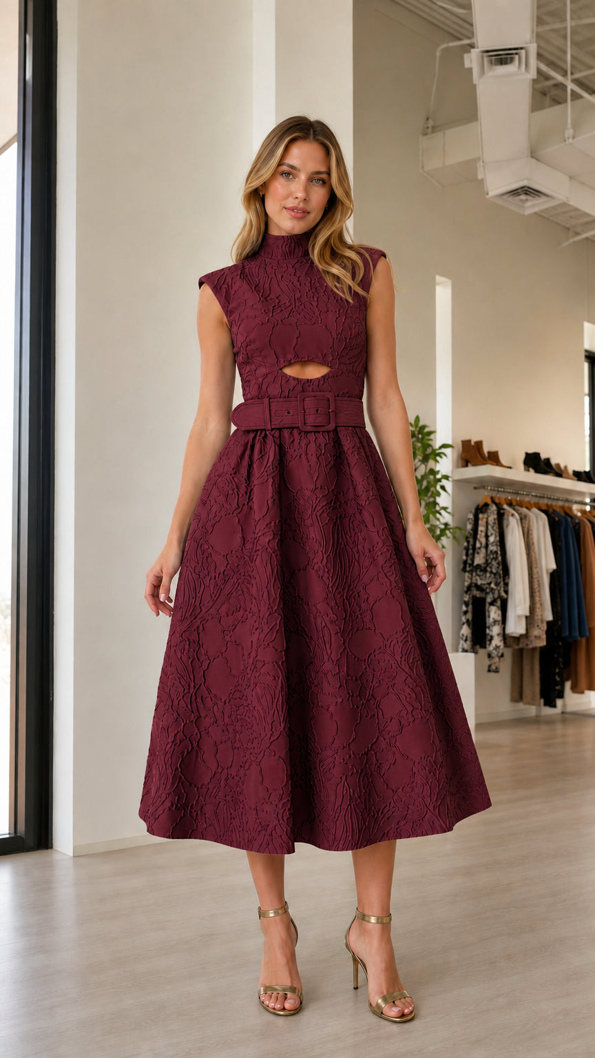 Front view of burgundy textured midi dress with belt