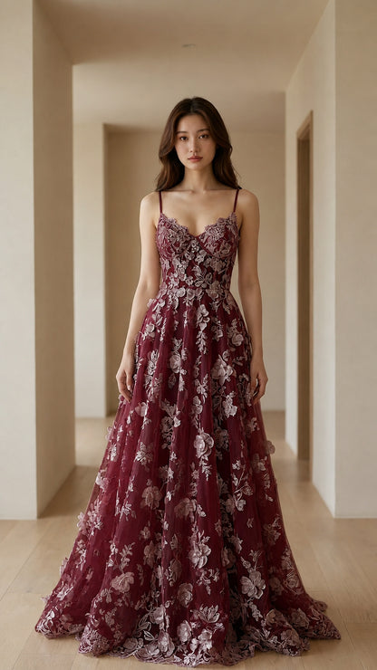 Front view of Burgundy floral evening dress