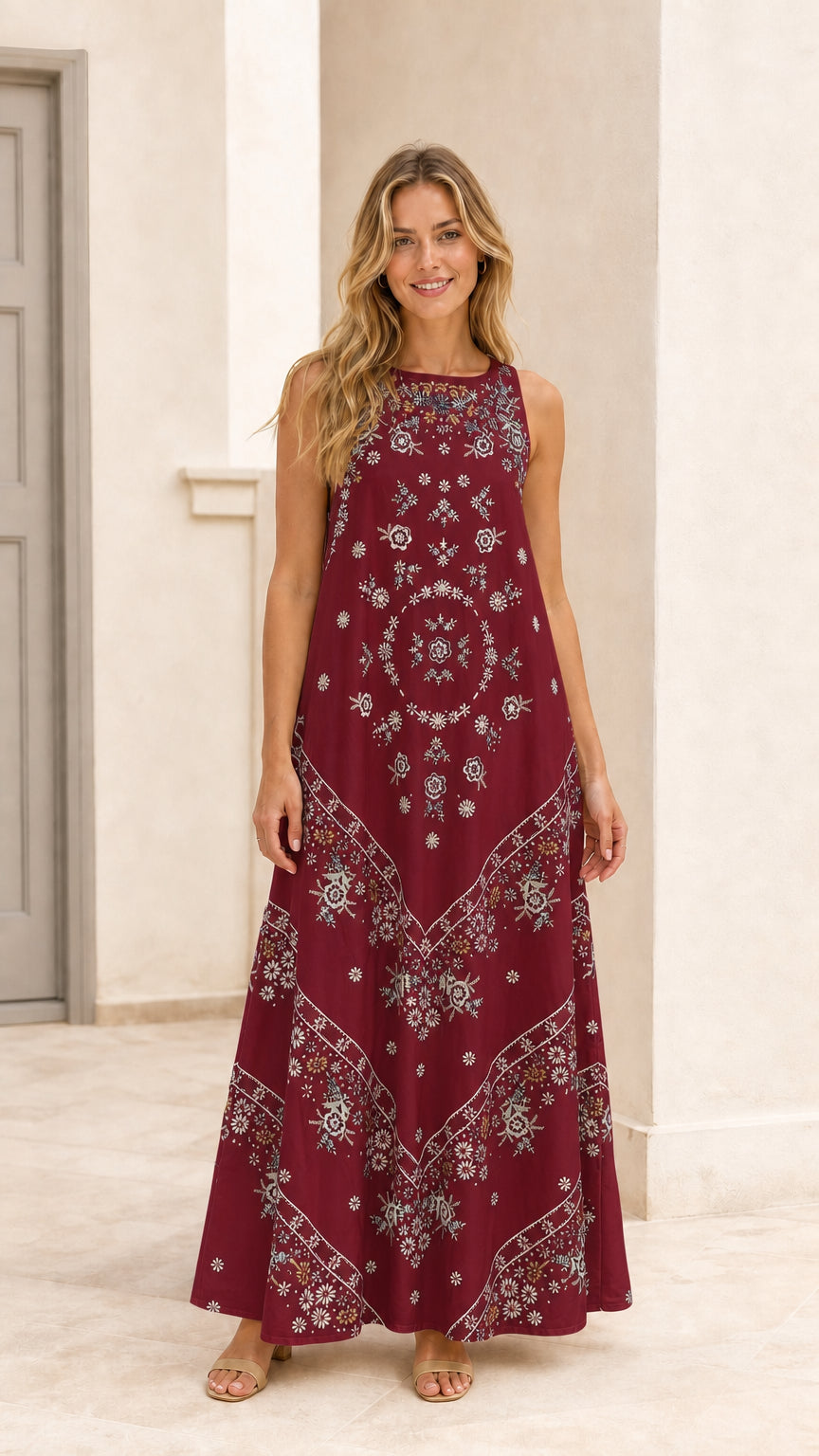 Woman wearing burgundy floral embroidered sleeveless maxi dress