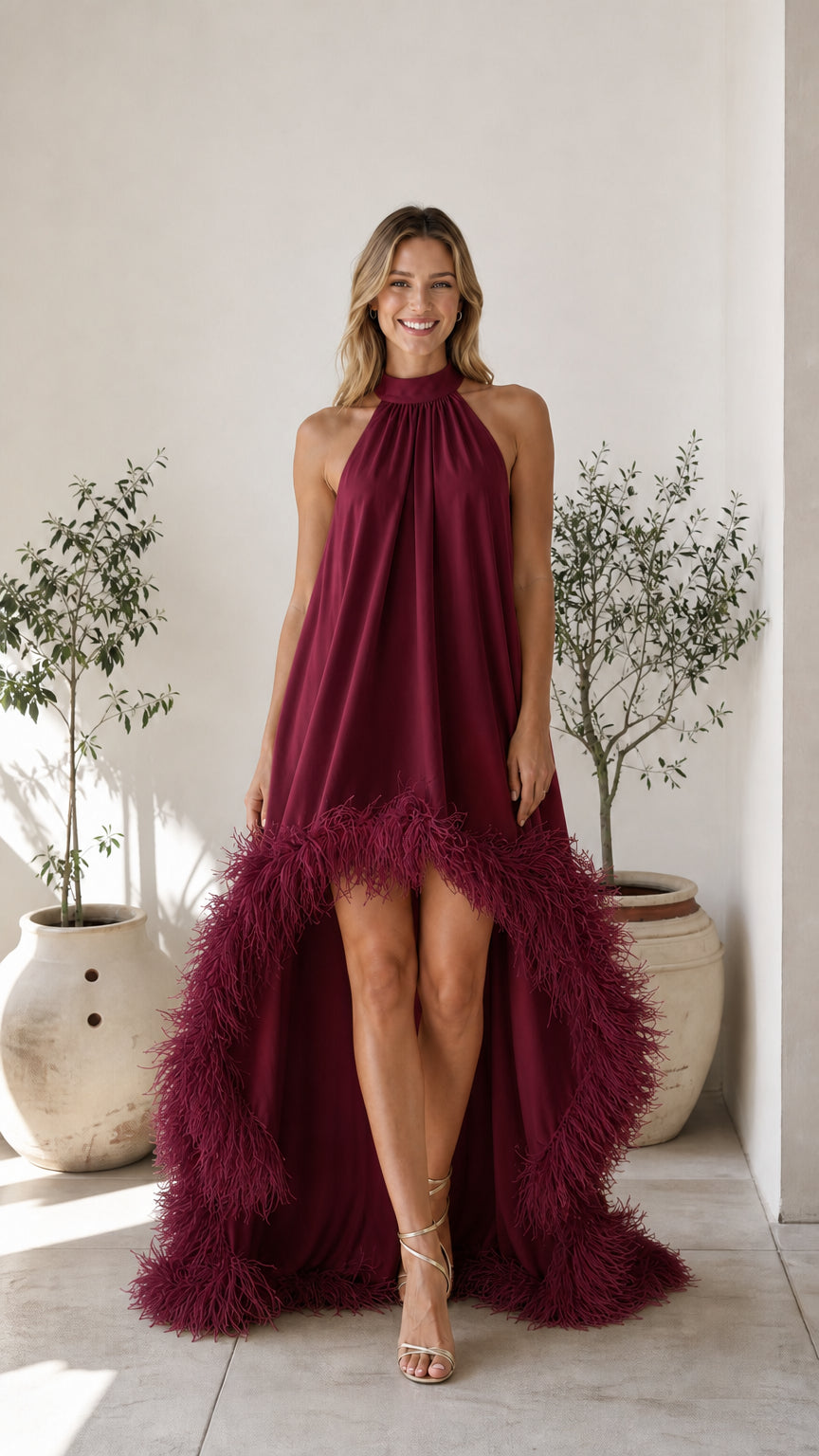 Full-length view of burgundy color variant
