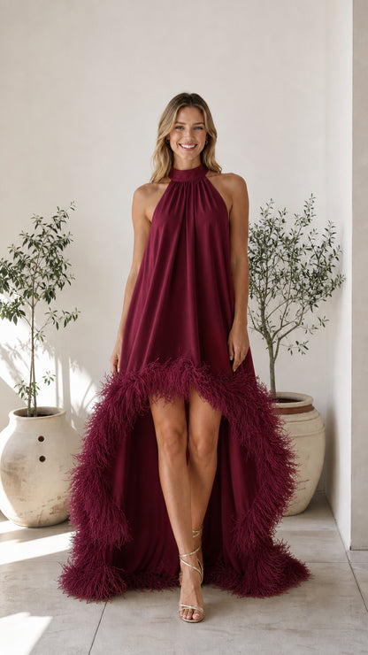 Full-length view of burgundy color variant