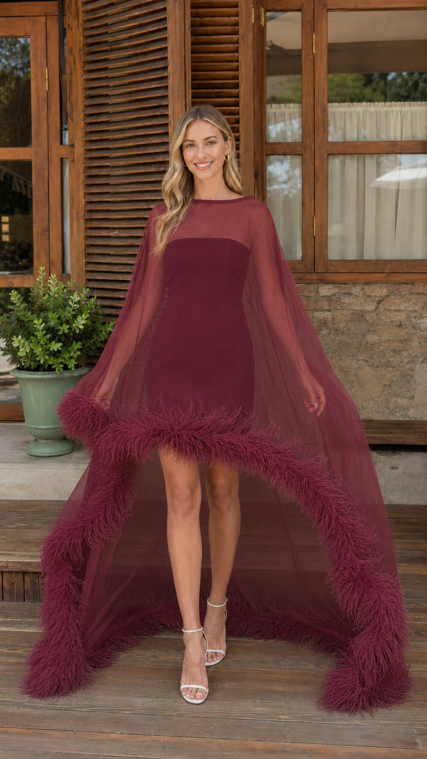Burgundy wine red sheer tulle cape mini dress with feather trim