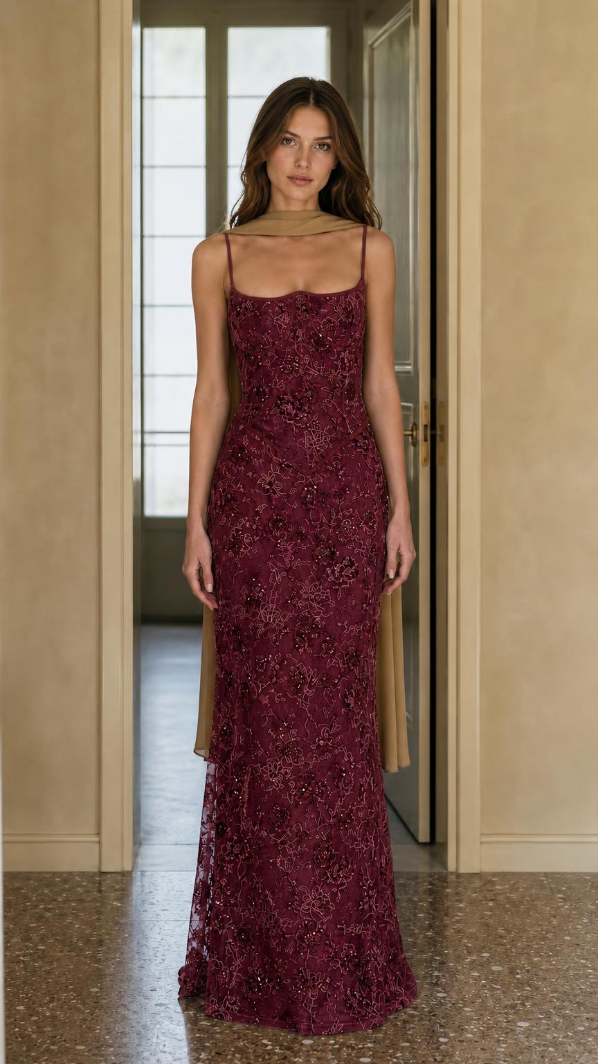Burgundy variant of the embroidered evening dress