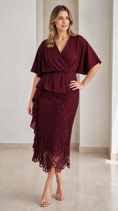 Burgundy wine wrap v-neck midi dress with intricate lace skirt