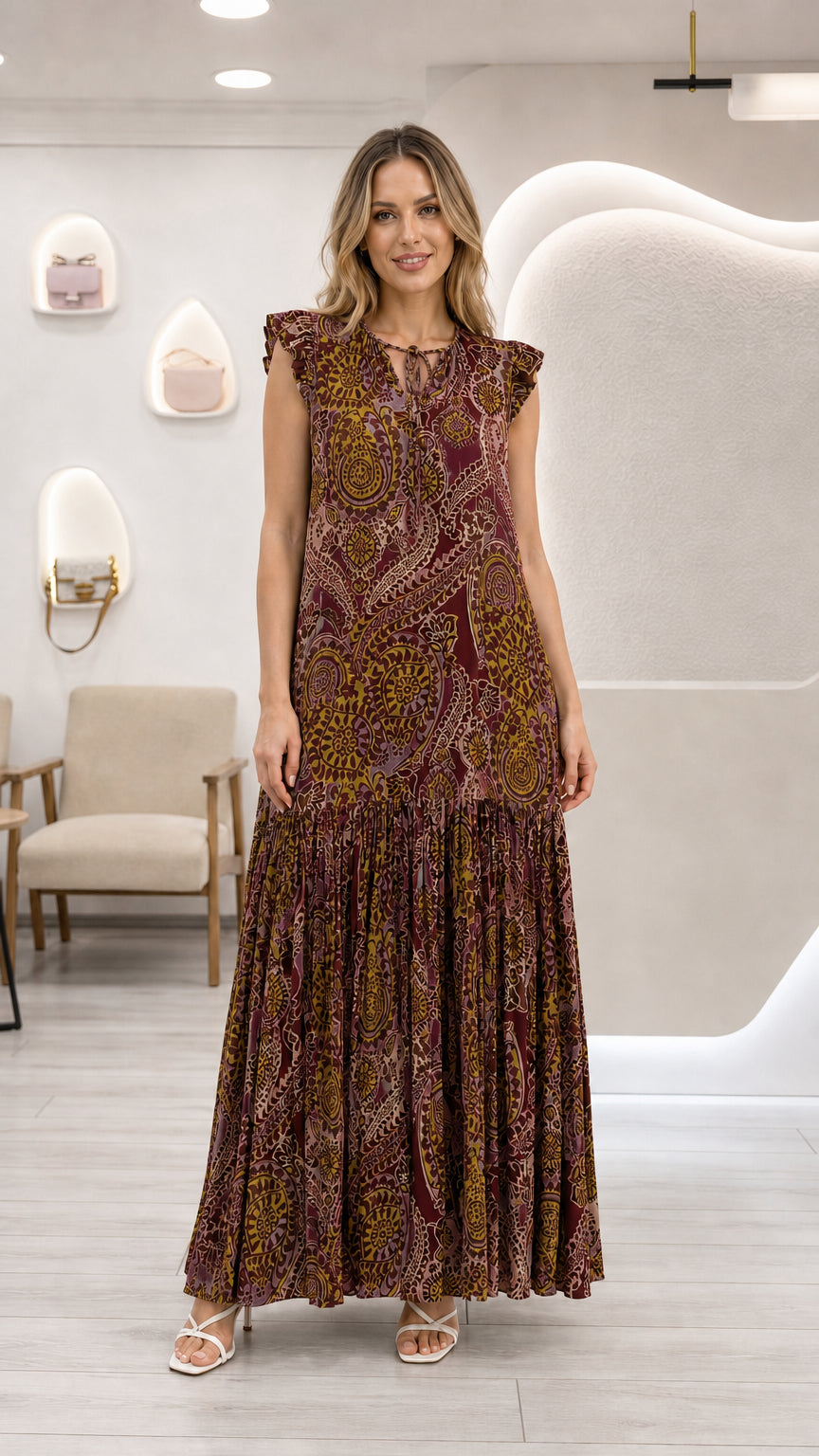 Full front view of model wearing burgundy wine paisley tiered maxi dress