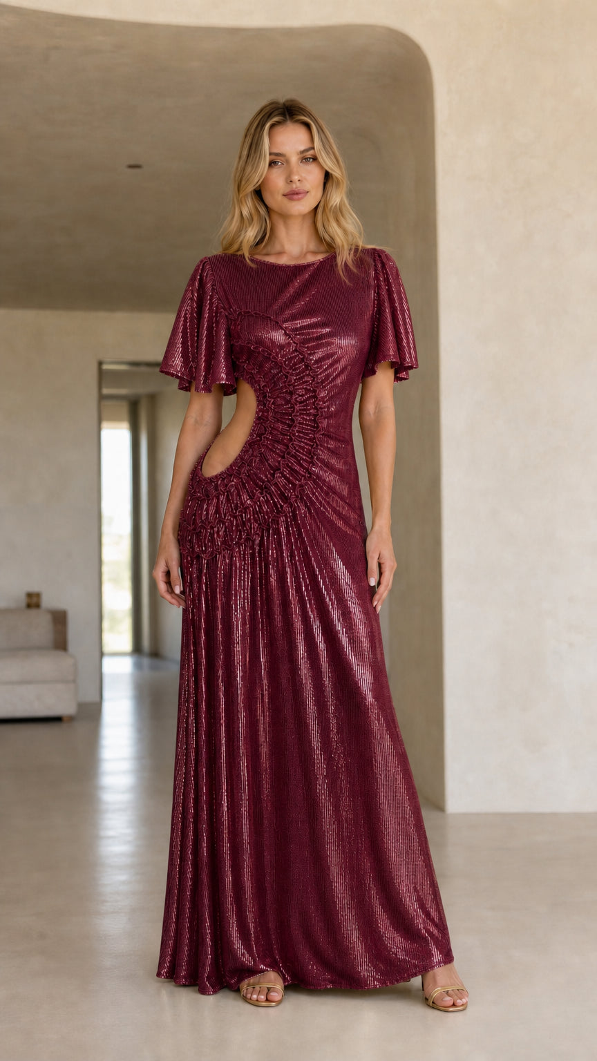 Front view of woman wearing the burgundy color variant of the metallic cutout maxi dress
