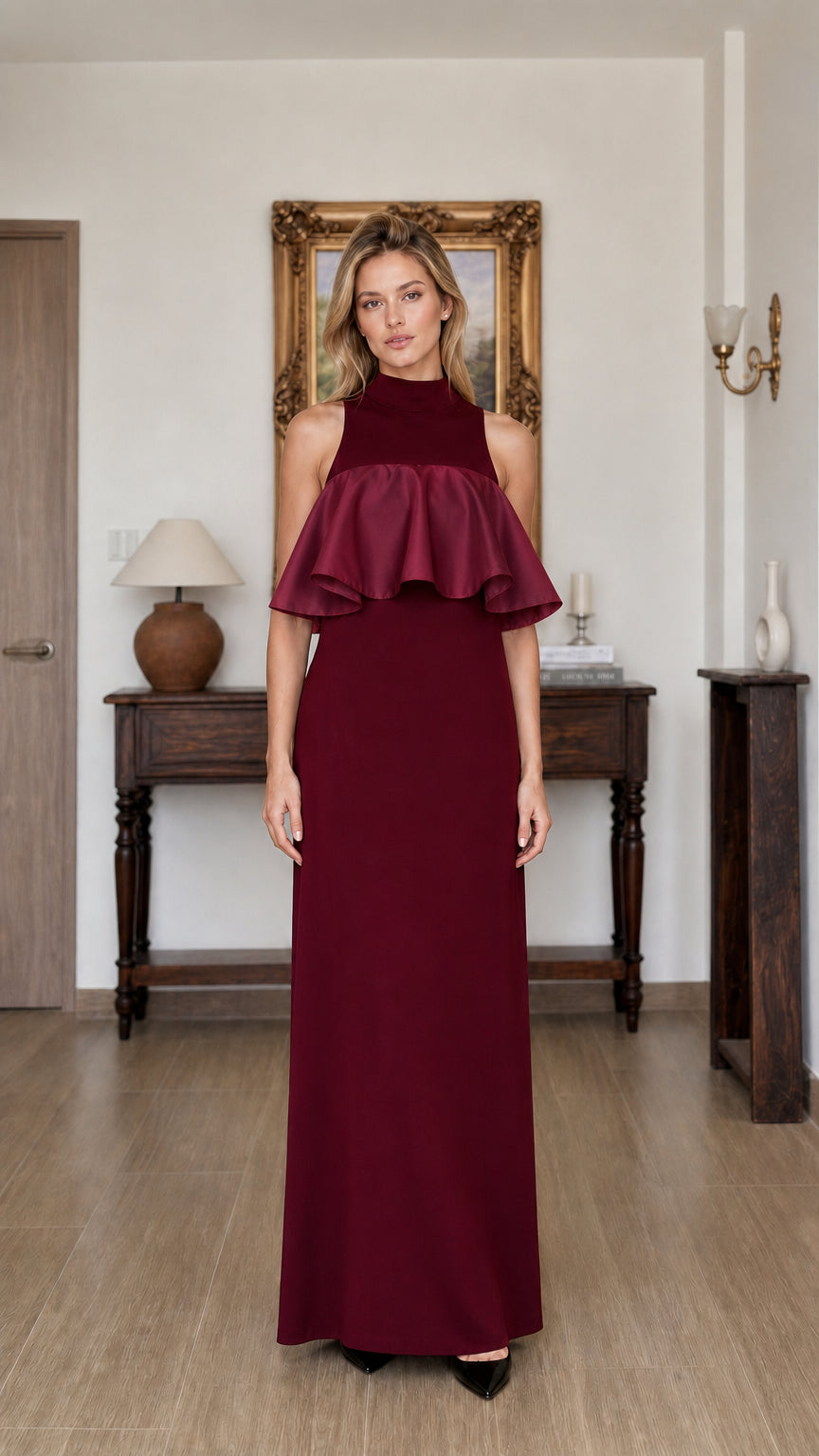 Model wearing burgundy ruffle maxi dress